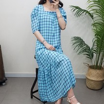 제이후 스퀘어넥 체크 퍼프 반팔 셔링 밑단 프릴 롱원피스