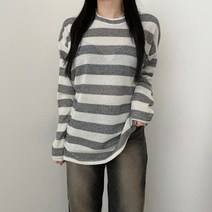 VANANA2 여성 데일리 베이직 유니크 루즈핏 라운드 단가라 스트라이프 긴팔 니트티