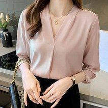 단아한 심플 쉬폰 여성 긴팔 브이넥 블라우스