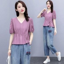 L.ONLIN SHOP여성 투피스 세트 셔링 블라우스 청바지 RU42 투피스정장 여성정장세트 여성오피스룩