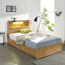 [ 아리엘퍼니쳐 ] 당일배송 노을 슈퍼싱글 침대세트 LED 멀티수납 침대 프레임 매트리스 지정일 배송 LED포함 NW 오크, 하드드림