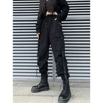 여성 힙합 조거 카고 바지 남성 하렘 멀티 포켓 리본