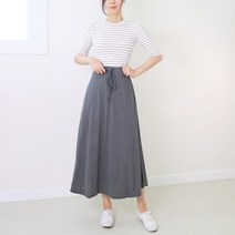 허리끈 A라인 플레어 무지 면 밴딩 롱 스커트