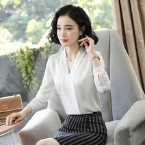 블라우스 전문 착용 V 넥 셔츠 여성 긴팔 쉬폰 셔츠 화이트 칼라 기질 공식적인 작업복과 흰색 셔츠 정장 패션