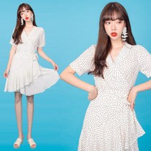 언발 도트 반팔 랩원피스 여름원피스 프릴 쉬폰 빅사이즈 여성 미디 여자 러플 하객 러블리 데이트룩 바캉스룩 미니 레드 블랙 화이트 리본 플레어 V넥 땡땡이 A라인