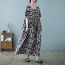중년 여성 빅사이즈 여름 라운드넥 셔링 프린트 반팔 롱 원피스 드레스 휴양지 홈웨어 홈드레스 엄마옷 미시옷 마담옷 아줌마옷 할머니옷