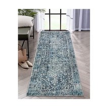 Morebes 페르시안 세탁 가능한 주방 러그 러너 5 1 x 15 2 cm(2 6 인치) 블루 복도 러너 디스트레스드 빈티지 카펫 러너 미끄럼 방지 입구 스로우 미끄럼 바닥 욕실, 2 X 6, 딥 블루