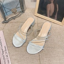 여성 로마 슬리퍼힐 여름 샌들 뮬 패션 큐빅 장식 스트랩 미들힐 굽있는블로퍼