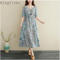 [Kingfishe]여름 반팔 린넨 원피스 빅사이즈 플라워 패턴 원피스 TuE808FEI808MMQ03