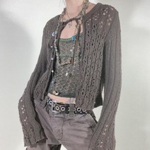 Y2K 할로우 아웃 레이스 업 스티치 가디건 가을 해변 보헤미안 크로셰 긴 소매 스트리트웨어 여성 니트 티 의상 2022147805