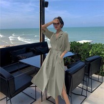여름 여성 롱 반팔원피스 오픈카라 무지 허리끈 루즈핏 빅사이즈 옆트임 셔츠원피스 캐주얼 A21