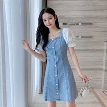 데님 드레스 여성 여름 한국 스타일 패션 슬리밍 레이스 스티치 스퀘어 칼라 버블 슬리브 미디 드레스 빠른배송