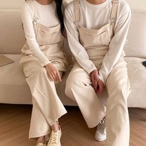 남녀공용 귀여운 와이드통 커플 멜빵 데님팬츠