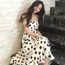 치치다온 여성 여름 끈나시 빅도트 프릴 롱 원피스 SJ108