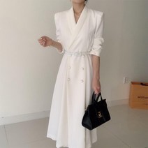 여성 프렌치 카라 정장 롱 원피스 벨티드 롱원피스 더블 버튼 플레어 원피스 스커트