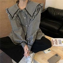 빅카라 봄 블라우스 셔츠 여성 오버핏 타탄체크 카라 캐주얼 긴팔 루즈핏
