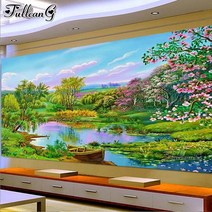 인테리어 그림 팝아트 명화 추상화 사진 액자 봄 자연 풍경 큰 전체 라인 석 자수 풍경 보트 홈 장식 116, 라운드 30x60cm