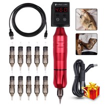 문신 전원 공급 장치가있는 무선 배터리 문신 기계 키트 영구 메이크업 눈썹 용 로터리 펜 문신 카트리지 바늘, 바늘이 달린 빨간색
