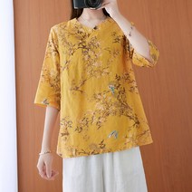 플라워상의 차이나 여성의류 공연복 리폼 중국식 앞자락 단추 면린넨 부처님 티 유니폼 프린팅 모시메리 2336592563