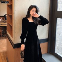 DFMEI 프렌치 복고풍 허리 슬림핏 레드 골드 벨벳 원피스 여 슬림 사각넥 햅번풍 추동 롱스커트