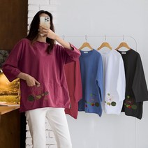 가을 봄 7부 소매 8부 연꽃 자수 워싱 면 티셔츠 스판 루즈핏 편한 예쁜 엄마 티셔츠