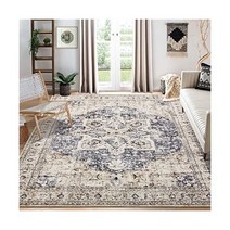 Area Rug 거실 러그 - 9x12 세탁 가능한 보호 러그 빈티지 동양적 고통 농가 대규모 얇은 거실 침실 식탁 아래 홈 오피스를 위한 실내 카펫 - 크림 블루