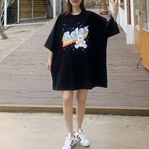애플망고샵 여성 빅사이즈 오버핏 반팔 무지개곰 롱박스 캐주얼 롱 여름 티셔츠