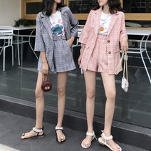 [바보사랑] 투피스 세트 여름 원피스 린넨 자켓+숏팬츠 체크