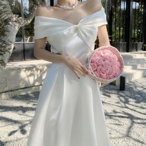 봄 여름 화이트 오프숄더 튜브 탑 리본 생일 드레스