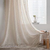 JOOJA 2패널 보헤미안 창문 시어 커튼 크로셰 빈티지 면 태슬 패널 침실 거실용 (크로셰 베이지 스타일3 149.9x243.8cm(59x96인치)) 5539397341