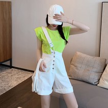 데님 멜빵 바지 여성 한판 하이웨이스트 루즈핏 팬츠