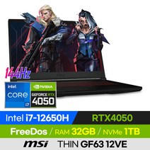 [사은품 증정!] MSI THIN GF63 12VE 가성비 고사양 배그 롤 오버워치 로아 발로란트 12세대 15인치 게이밍 노트북 (코어i7-12650H/RTX4050), 윈도우 미포함, 32GB, 1TB, 코어i7, 블랙