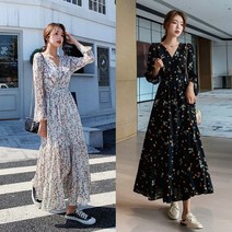여성 예쁜 꽃무늬 패턴 브이넥 디자인 긴팔 롱 원피스