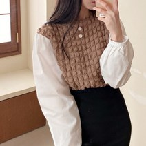 여자 엠보싱 레이어 라운드넥 긴팔 보석단추 블라우스