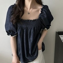 베이비돌블라우스 스퀘어넥 데님 청 프릴 퍼프 벌룬 빈티지 어깨 숏 스티치 셔링 루즈핏