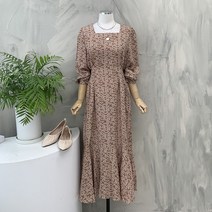 피치 플라워 스퀘어넥 허리 끈 플레어 원피스