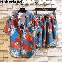 Haberland 남성 여름 루즈핏 트레이닝세트 반팔 반바지 비치셔츠 날염 바캉스룩 낚시복, 1번