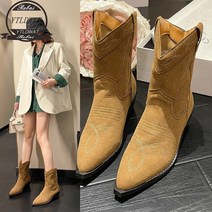 스웨이드웨스턴부츠 소가죽미들부츠 카우보이부츠 웨스턴미들부츠 여성용 겨울 클래식 첼시 리얼 포인티 토 웨지 힐 앵클 심플 컴포트 여성