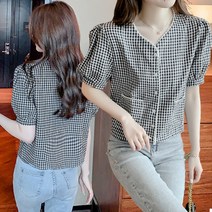 주디앤 여성 큐티퍼프 체크 반팔 블라우스