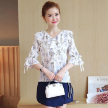 베러댓걸 4662-1 여성용 쉬폰 여름 프릴 반팔 플라워 블라우스