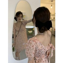 우아하고 슬림한 등이없는 빈티지 미니 드레스 여성용 한국 스타일 스페셜 퍼프 슬리브 데일리 스위트
