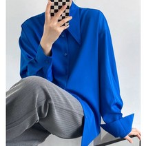 쉬폰 남색 여성 실키 코발트블루 셔츠 정장 블라우스