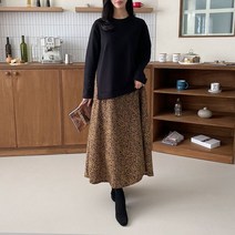 오슈 여성 데일리 페미닌 투톤배색 기모 레오파드 롱원피스