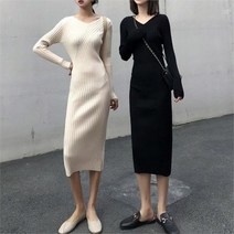 모노위크 블랙당일배송/200장돌파 드종 브이넥 사선 골지 롱 니트원피스