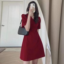 [당일배송] Tamina 쇼트 원피스 브이넥 프렌치 엘레강스 순색 반소매 A라인 스커트