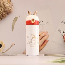 크리스마스 사슴뿔 텀블러 450ml 원터치 보온보냉병 스텐 프리미엄 크리스마스 최신상 새해 분위기 엘크 캐릭터 물병 휴대용 남녀공용 선물용, 백색 크리스마스 사슴뿔