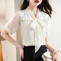 보우 타이 페르시 블라우스 쉬폰 셔츠