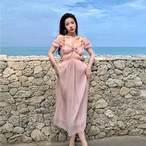 지니스토리 놀라운 프랑스 스타일 핑크 슬링 허리를 포옹 드레스 요정 여름 첫사랑 휴가 고감도 순수한 욕망 해변