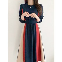 바이브루니 / 비바 기모 배색 플레어 겨울 롱 원피스