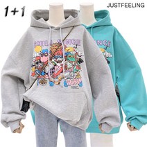 JUSTFEELING 1+1 캐릭터 데일리 맨투맨 오버핏 긴팔 티셔츠 캐주얼 후드티셔츠 질좋은주머니 여성의류